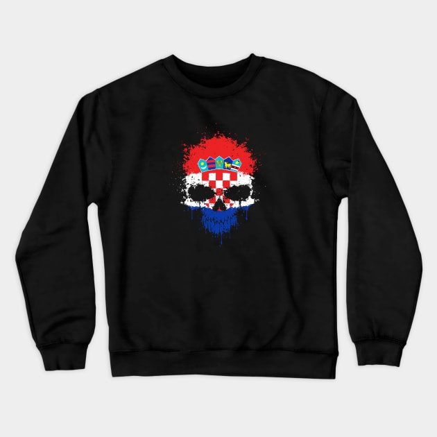 Chaotic Croatian Flag Splatter Skull Crewneck Sweatshirt by jeffbartels